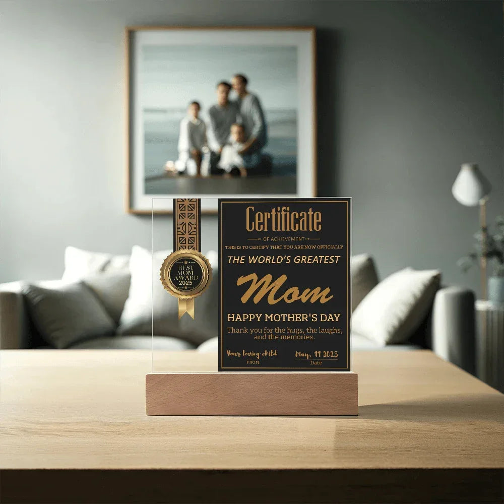 World's Greatest Mom Certificate LED Acrylic Plaque – Personalized Best Mom Award 2025 Mother's Day Gift