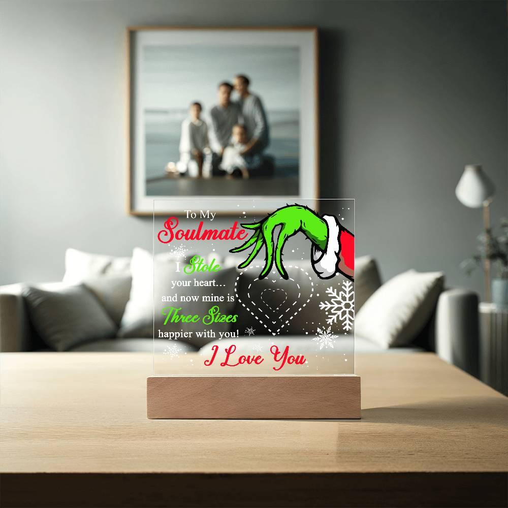 Soulmate Gift - Stole My Heart - Christmas Acrylic Plaque with Lighted LED wooden Base - Mallard Moon Gift Shop