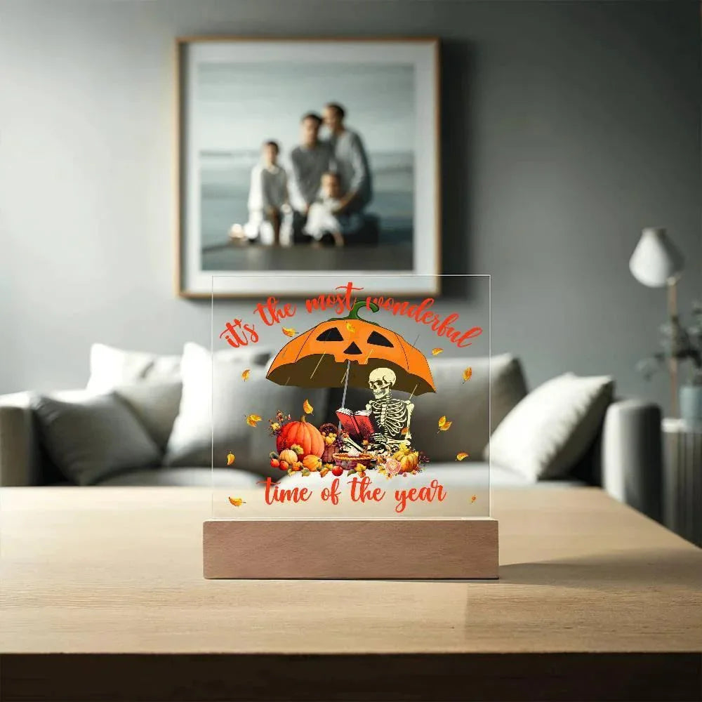 Halloween Decor - Most Wonderful Time of The Year Acrylic Square Plaque with LED Wooden Base