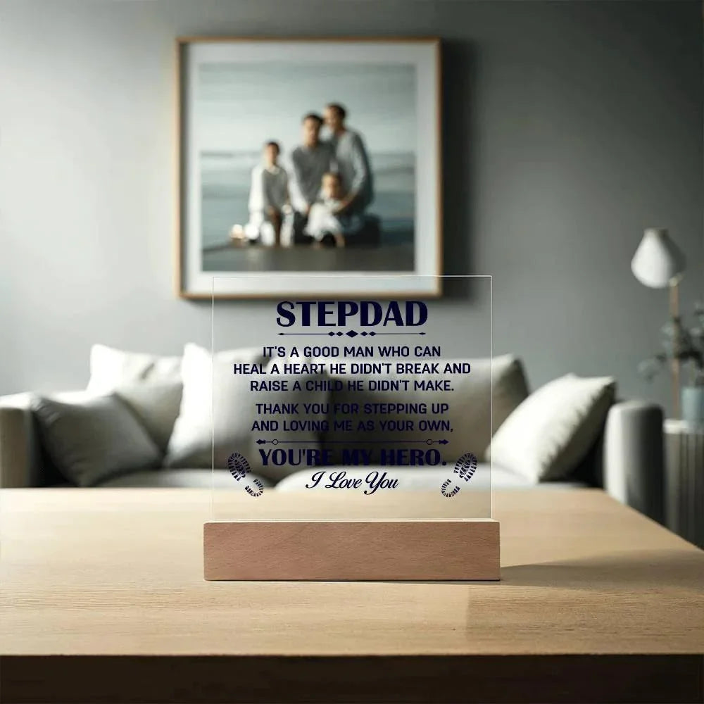 Stepdad Acrylic Plaque -You're My Hero– Personalized LED Light Gift for Bonus Dad | Father's Day, Christmas, or Birthday Keepsake