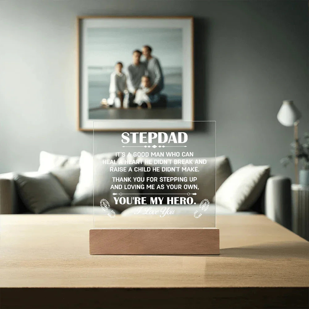 Stepdad Acrylic LED Plaque – “You're My Hero” Personalized Gift with Custom Name for Father's Day, Birthday, or Christmas