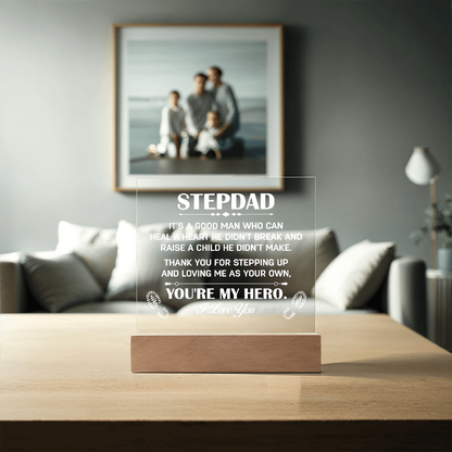 Stepdad Acrylic LED Plaque – “You're My Hero” Personalized Gift with Custom Name for Father's Day, Birthday, or Christmas - Mallard Moon Gift Shop