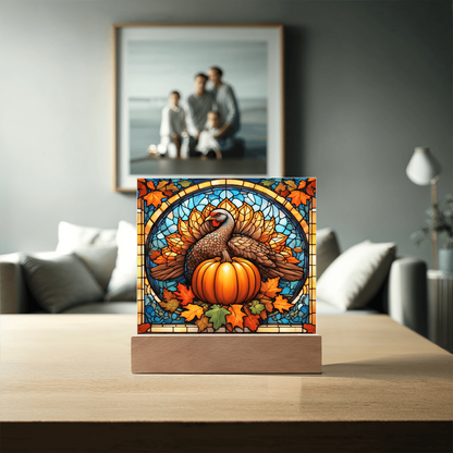 Thanksgiving Stained Glass Turkey Acrylic Plaque – Elegant Fall Home Decor with LED Light Base | Autumn Window Art Inspired Gift
