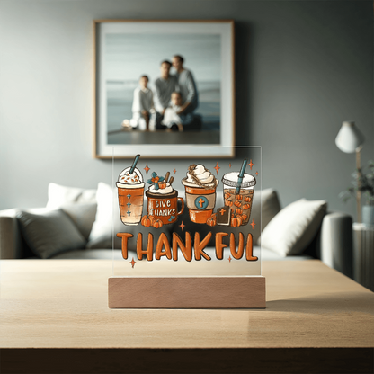Thankful Coffee Acrylic Plaque – Cozy Fall Décor Gift for Coffee Lovers | “Give Thanks” Autumn LED Light Display