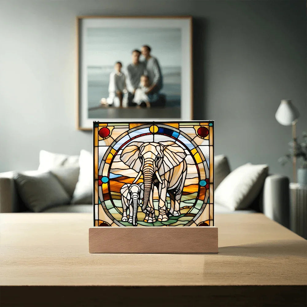 Elephant Mother and Baby Calf - Stained Glass Style LED Acrylic Plaque – A Symbol of Strength, Love, and Family