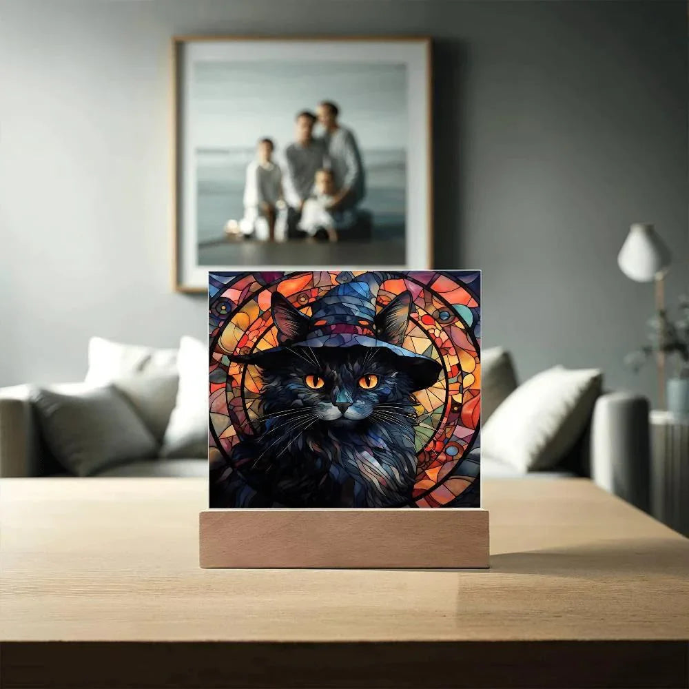 Halloween Decor - Spooky Black Cat Acrylic Square Plaque with LED Wooden Base