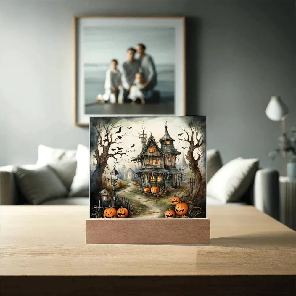 Midnight Manor: Premium Acrylic Halloween Plaque Haunted House Lighted Table-top Decor