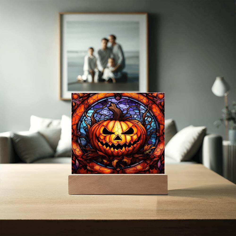 Halloween Pumpkin Stained-Glass Acrylic Square Plaque with LED Wooden Base - Mallard Moon Gift Shop