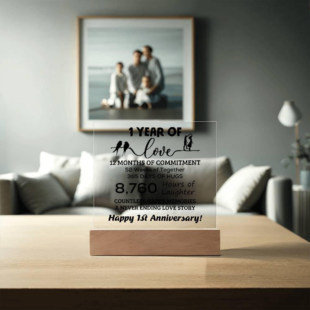 Anniversary Gift One Year of Love, Countless Happy Memories Acrylic Square Plaque with LED Wooden Base - Mallard Moon Gift Shop