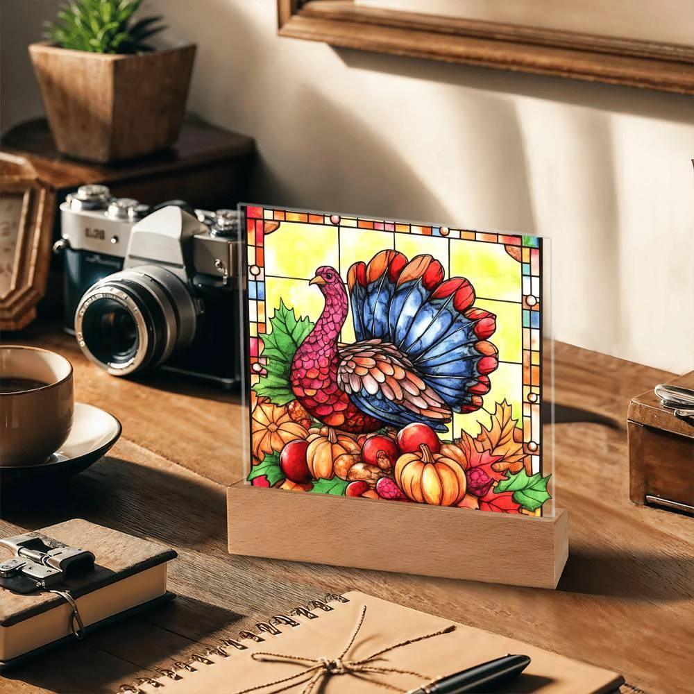 Thanksgiving Turkey Stained-glass Acrylic Square LED Lighted Wooden Base