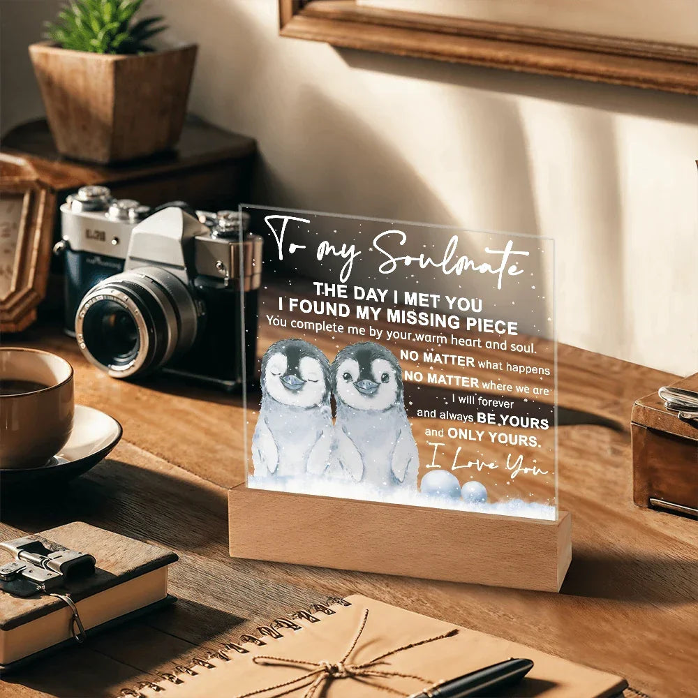 Soulmate Acrylic Plaque – Penguin Couple LED Light Gift | Romantic “You Complete Me” Christmas Keepsake