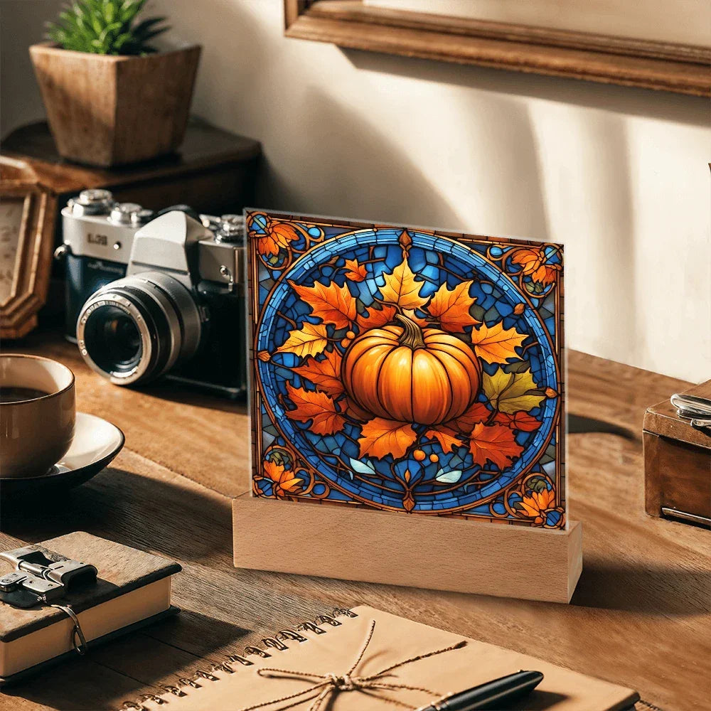Stained Glass Pumpkin Acrylic Plaque – Elegant Thanksgiving Home Décor | Fall Harvest LED Light Display
