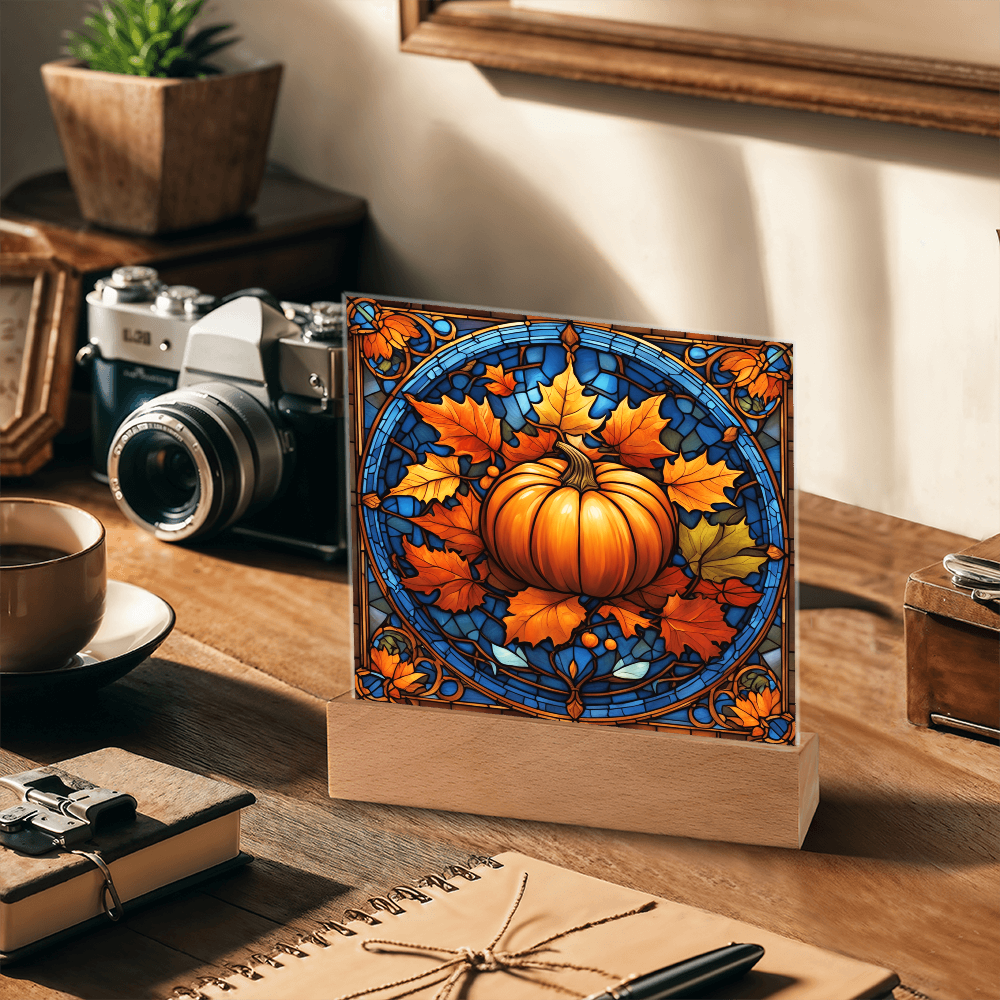 Stained Glass Pumpkin Acrylic Plaque – Elegant Thanksgiving Home Décor | Fall Harvest LED Light Display
