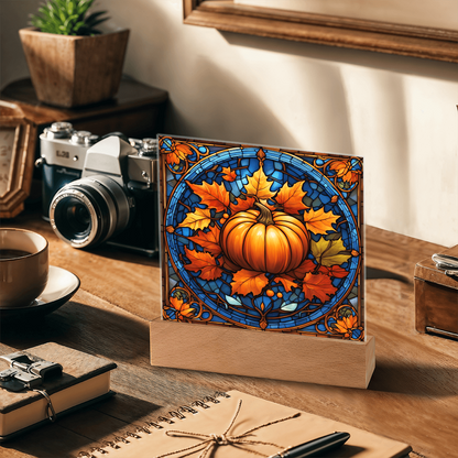 Stained Glass Pumpkin Acrylic Plaque – Elegant Thanksgiving Home Décor | Fall Harvest LED Light Display