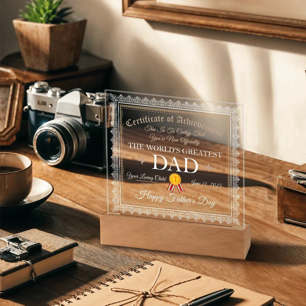 World's Greatest Dad Personalized Certificate – Custom Acrylic Plaque with Name & Date – Birthday, Father's Day, or Any Occasion