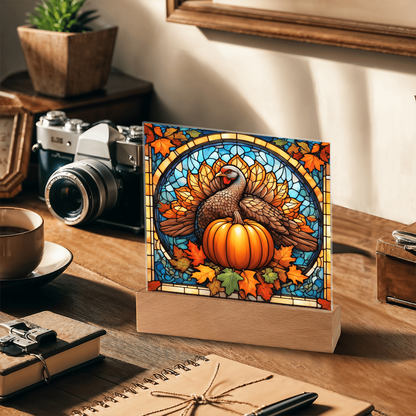 Thanksgiving Stained Glass Turkey Acrylic Plaque – Elegant Fall Home Decor with LED Light Base | Autumn Window Art Inspired Gift