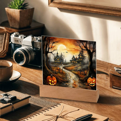 Twilight Terrace: Eerie Mansion Halloween Acrylic Plaque - Mallard Moon Gift Shop