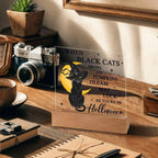 Halloween Decor - Black Cats and Pumpkins Gleam Acrylic Square Plaque with LED Wooden Base