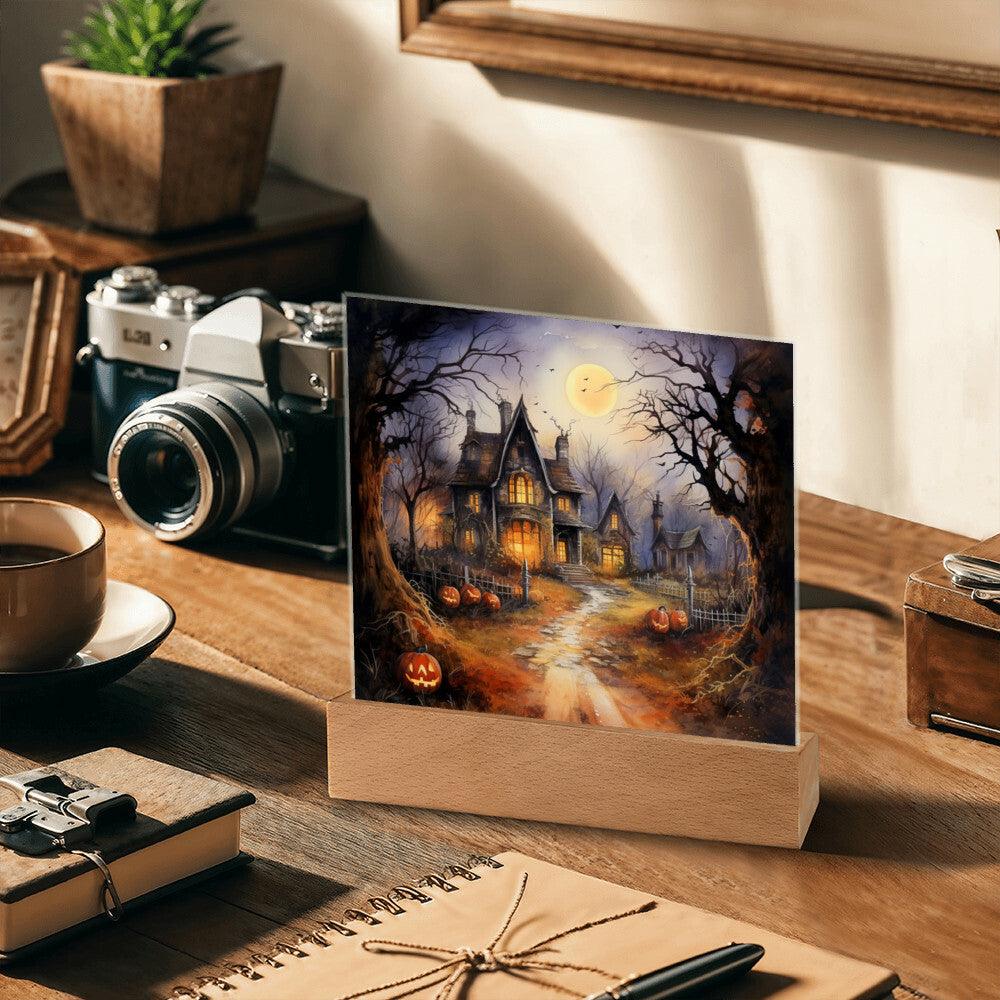 Ghostly Manor: Halloween Acrylic Square Plaque with LED Lighted Wooden Base - Mallard Moon Gift Shop