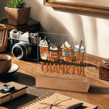 Thankful Coffee Acrylic Plaque – Cozy Fall Décor Gift for Coffee Lovers | “Give Thanks” Autumn LED Light Display