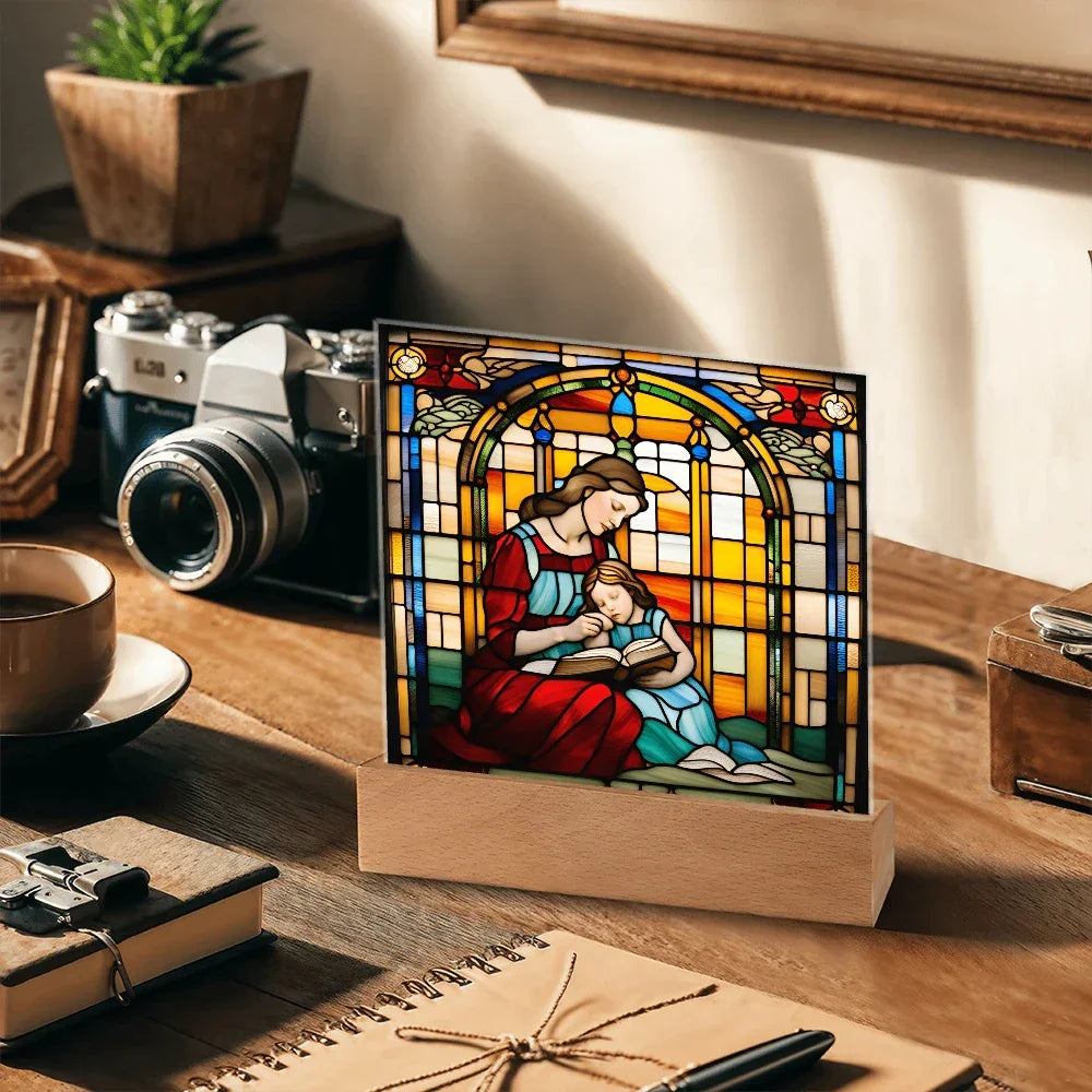 Mother and Child Reading Together Stained-Glass Style LED Acrylic Plaque – A Heartfelt Gift for Moms and Book-Loving Families