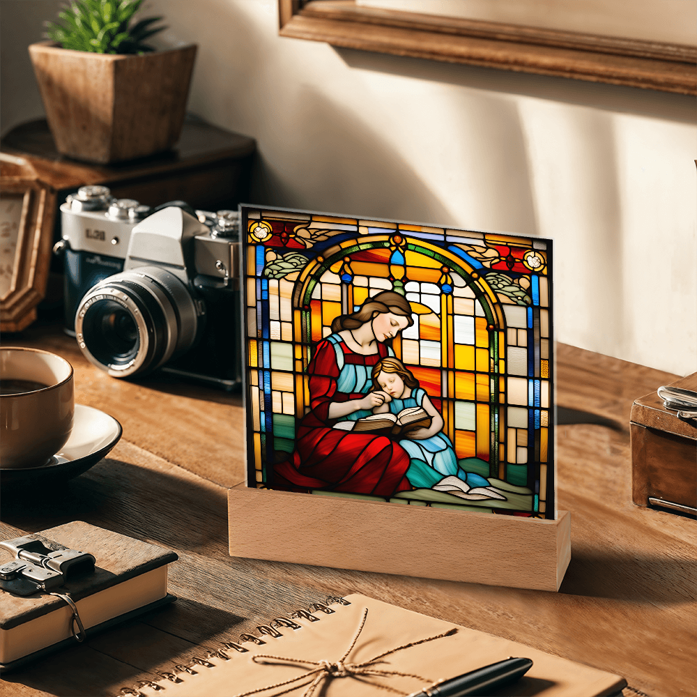 Mother and Child Reading Together Stained-Glass Style LED Acrylic Plaque – A Heartfelt Gift for Moms and Book-Loving Families - Mallard Moon Gift Shop