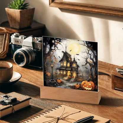 Chilling Manor: Haunted Halloween Mansion Acrylic Square Plaque with LED Lighted Wooden Base - Mallard Moon Gift Shop