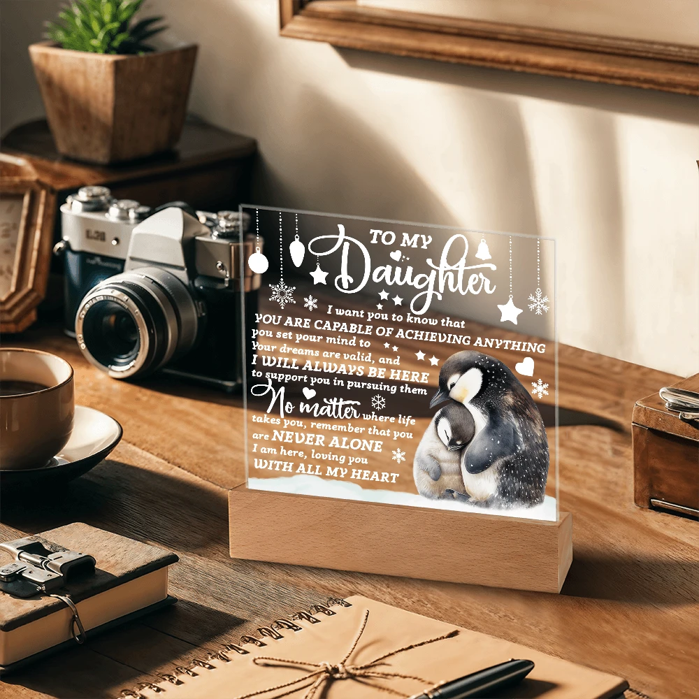 Daughter Penguin Acrylic Plaque – Heartfelt Christmas or Birthday Gift from Mom or Dad | “You Are Capable” LED Light Display