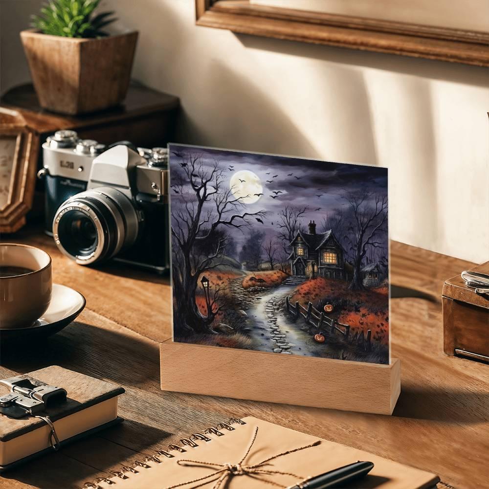 Bewitched Abode: The Ultimate Halloween Mansion Acrylic Plaque with Lighted LED Wooden Base - Mallard Moon Gift Shop