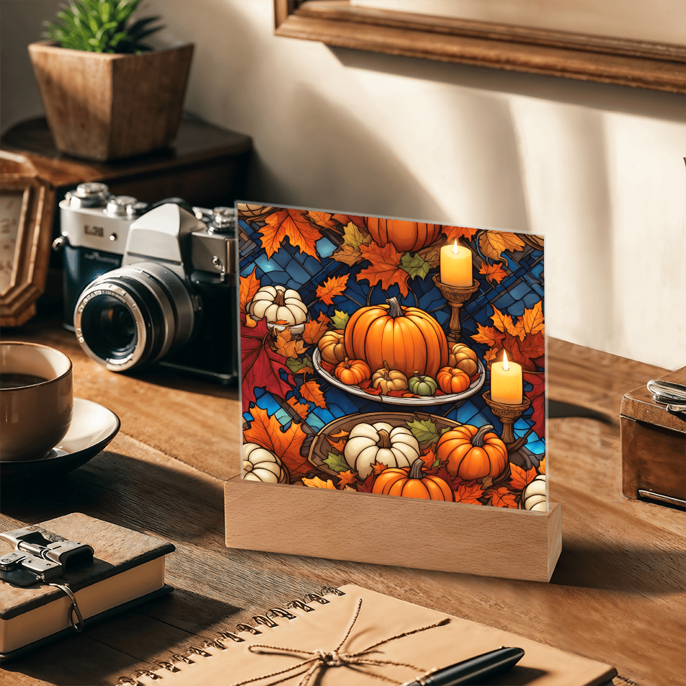 Stained Glass Pumpkin & Candle Acrylic Plaque – Thanksgiving Harvest Centerpiece | Fall Home Décor with LED Light Base