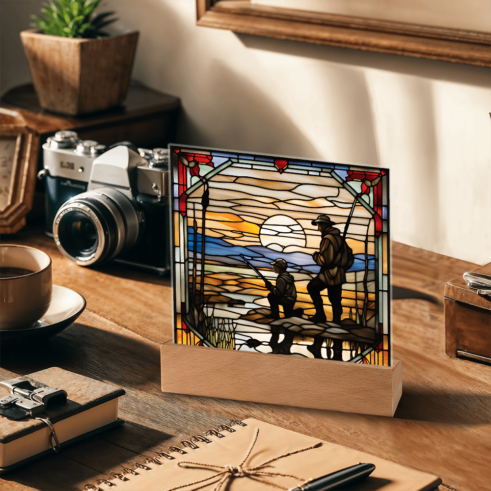 Father and Son Duck Hunting - Stained Glass Style LED Acrylic Plaque – A Meaningful Gift for Hunters and Outdoorsmen - Mallard Moon Gift Shop