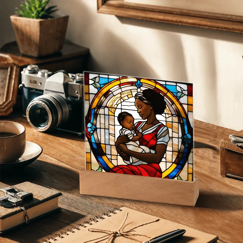 Black Mother and Baby Stained Glass Style LED Acrylic Plaque – A Powerful Tribute for New Moms and Mother's Day