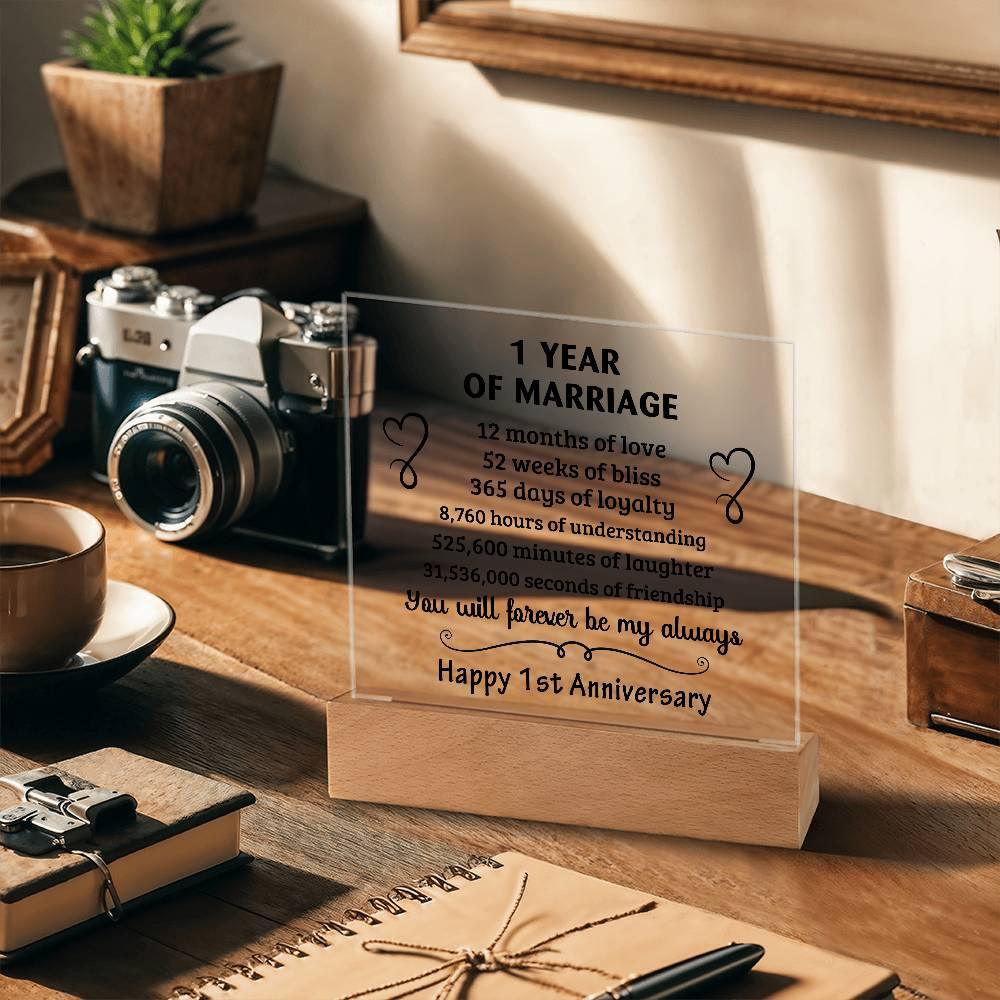 Anniversary Gift - One Year Of Marriage Acrylic Square Plaque with LED Wooden Base - Mallard Moon Gift Shop