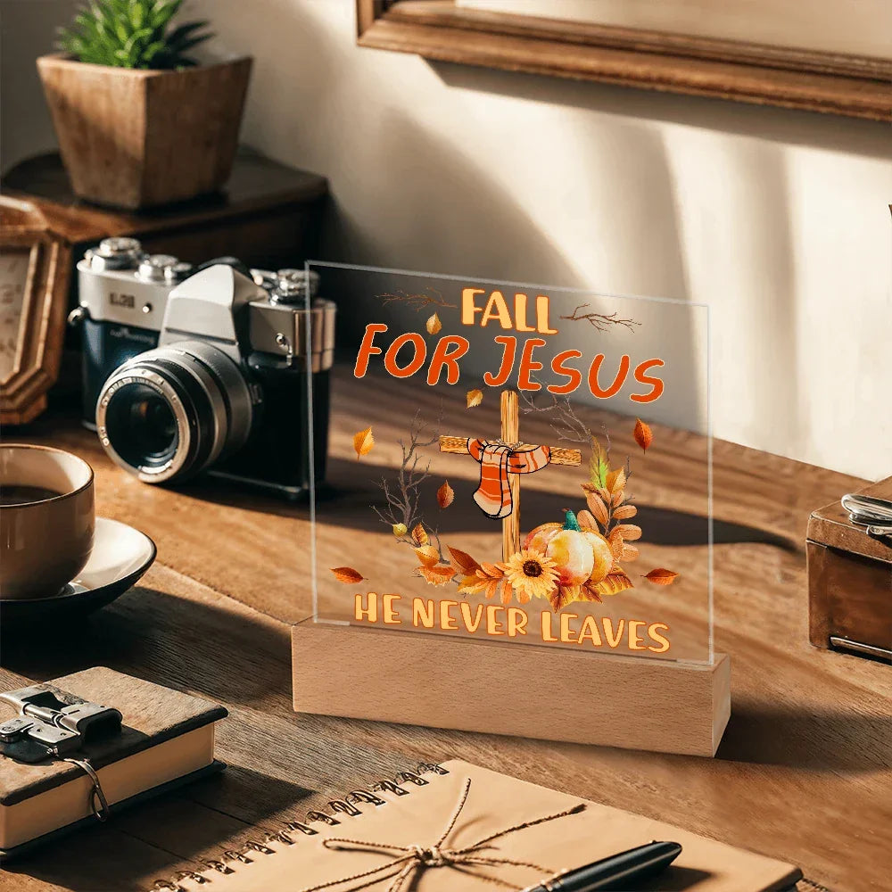 Fall for Jesus Acrylic Plaque – Christian Fall Décor with Cross and Pumpkins | Faith-Based LED Light Display Gift