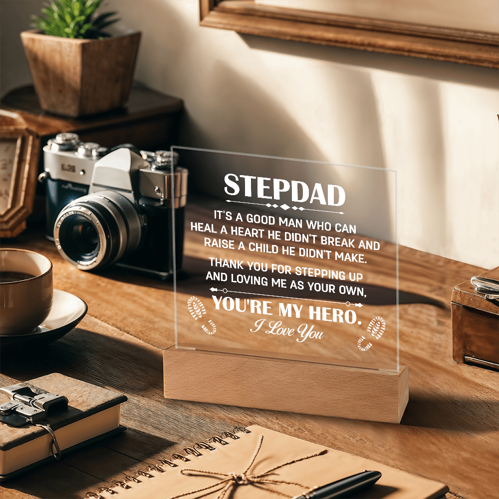 Stepdad Acrylic LED Plaque – “You're My Hero” Personalized Gift with Custom Name for Father's Day, Birthday, or Christmas - Mallard Moon Gift Shop