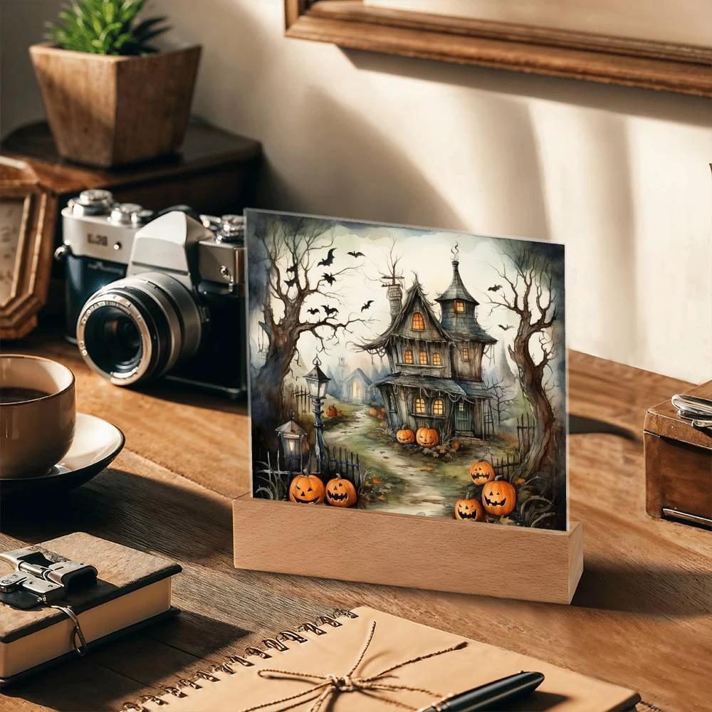 Midnight Manor: Premium Acrylic Halloween Plaque Haunted House Lighted Table-top Decor