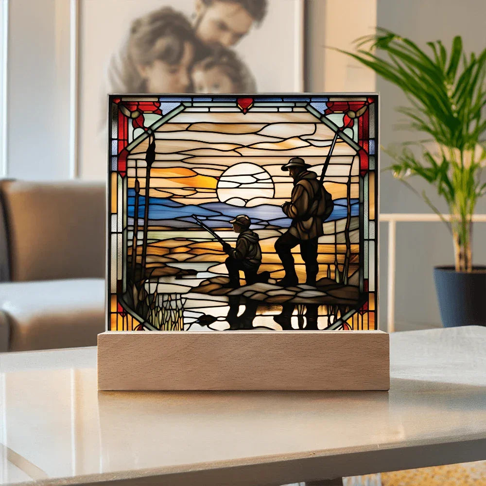 Father and Son Duck Hunting - Stained Glass Style LED Acrylic Plaque – A Meaningful Gift for Hunters and Outdoorsmen