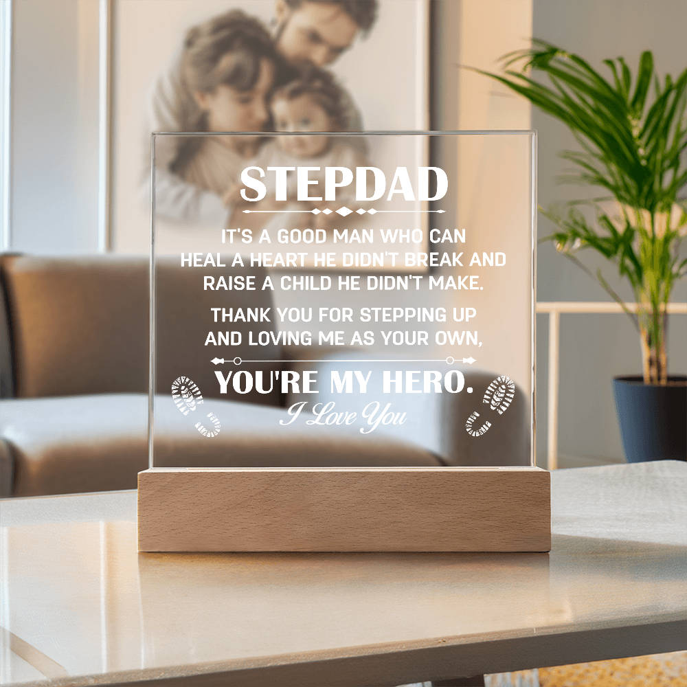 Stepdad Acrylic LED Plaque – “You're My Hero” Personalized Gift with Custom Name for Father's Day, Birthday, or Christmas - Mallard Moon Gift Shop