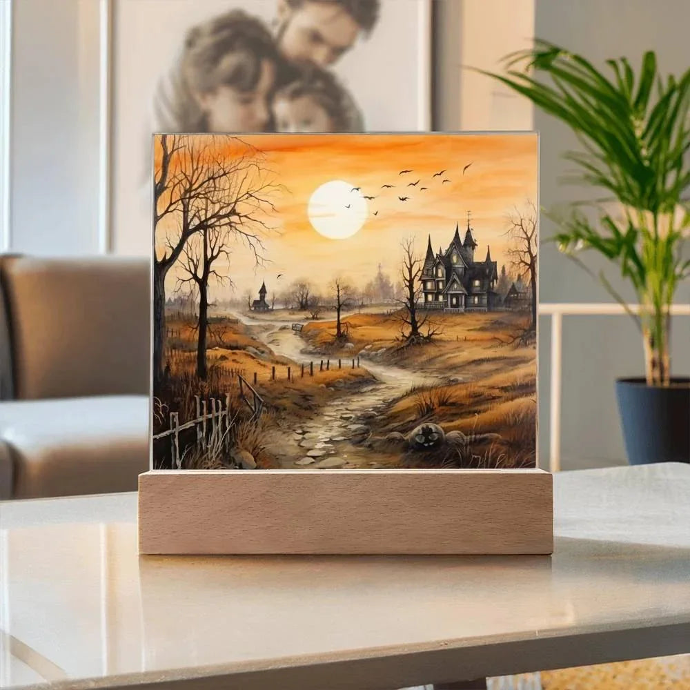 Ghost Manor: Acrylic Halloween Plaque Haunted House Table-top Lighted Decoration