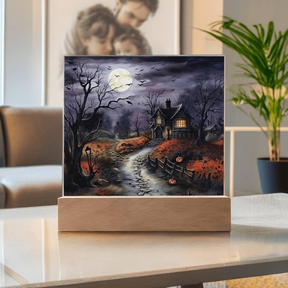 Bewitched Abode: The Ultimate Halloween Mansion Acrylic Plaque with Lighted LED Wooden Base - Mallard Moon Gift Shop