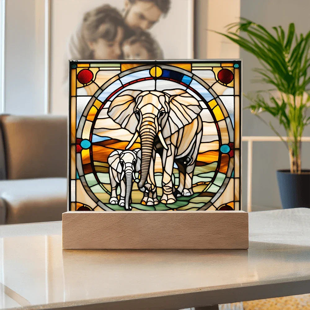 Elephant Mother and Baby Calf - Stained Glass Style LED Acrylic Plaque – A Symbol of Strength, Love, and Family