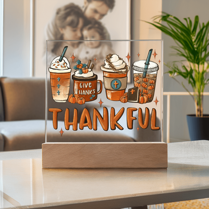 Thankful Coffee Acrylic Plaque – Cozy Fall Décor Gift for Coffee Lovers | “Give Thanks” Autumn LED Light Display