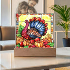 Thanksgiving Turkey Stained-glass Acrylic Square LED Lighted Wooden Base