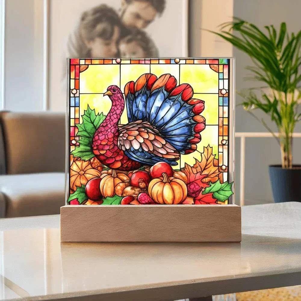 Thanksgiving Turkey Stained-glass Acrylic Square LED Lighted Wooden Base