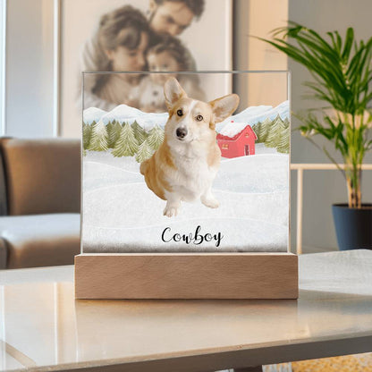 Pet Personalized Holiday Photo Upload Acrylic Plaque with Lighted LED Wooden Base - Mallard Moon Gift Shop