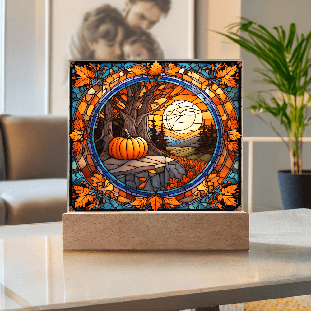 Stained Glass Autumn Pumpkin Sunset Acrylic Plaque – Fall Harvest Home Decor with LED Light Base | Thanksgiving Window Art Accent