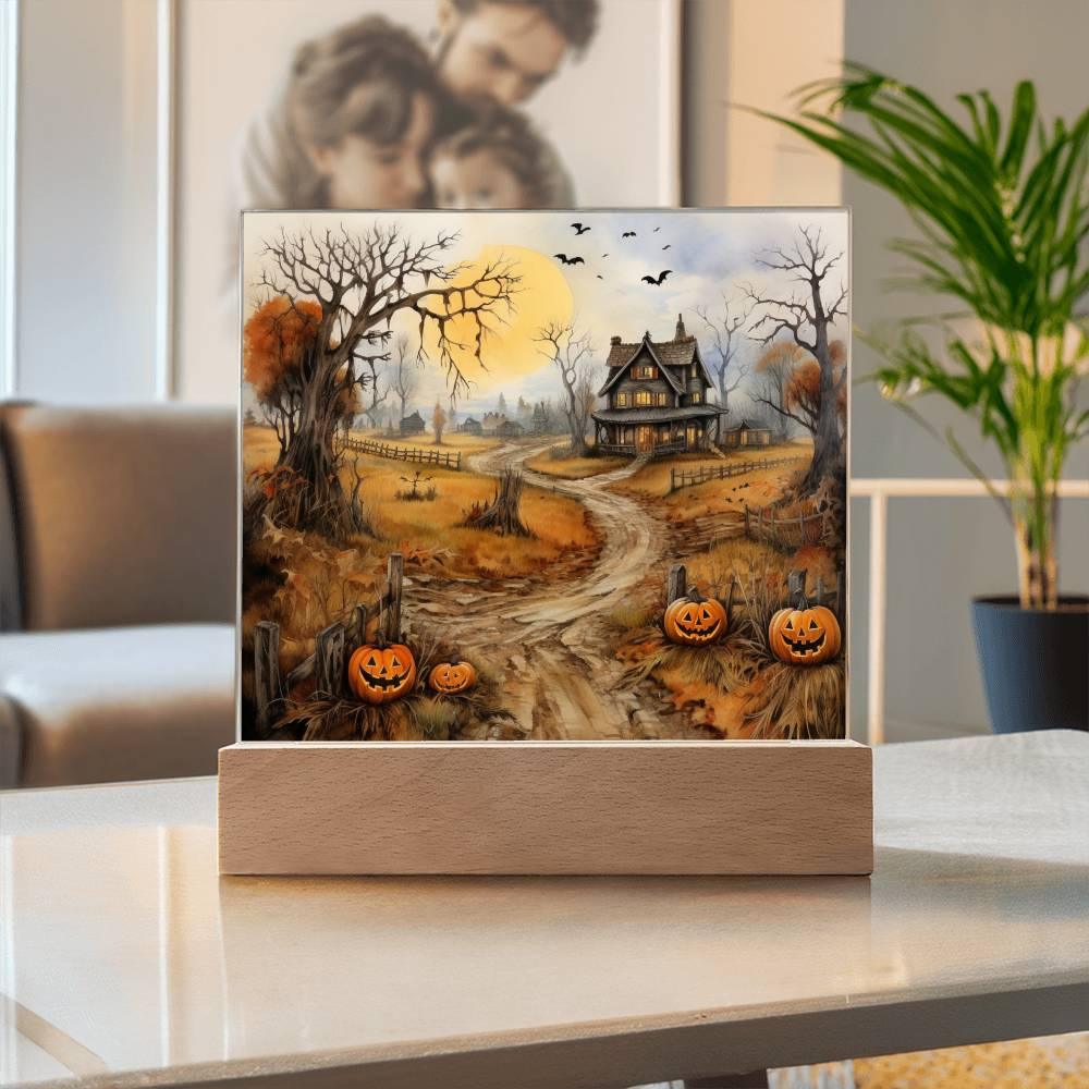Haunted Elegance: Spooky Halloween Mansion Acrylic Square Plaque with LED Lighted Wooden Base - Mallard Moon Gift Shop