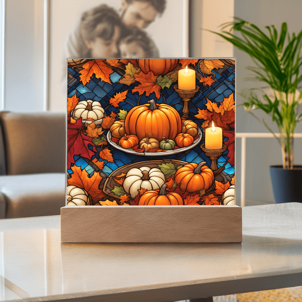 Stained Glass Pumpkin & Candle Acrylic Plaque – Thanksgiving Harvest Centerpiece | Fall Home Décor with LED Light Base
