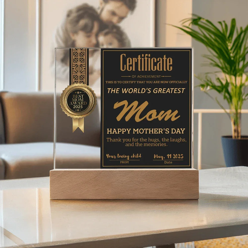 World's Greatest Mom Certificate LED Acrylic Plaque – Personalized Best Mom Award 2025 Mother's Day Gift