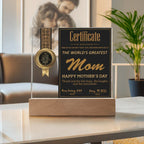 World's Greatest Mom Certificate LED Acrylic Plaque – Personalized Best Mom Award 2025 Mother's Day Gift